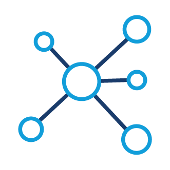 icon of six circles connected by lines to represent a network
